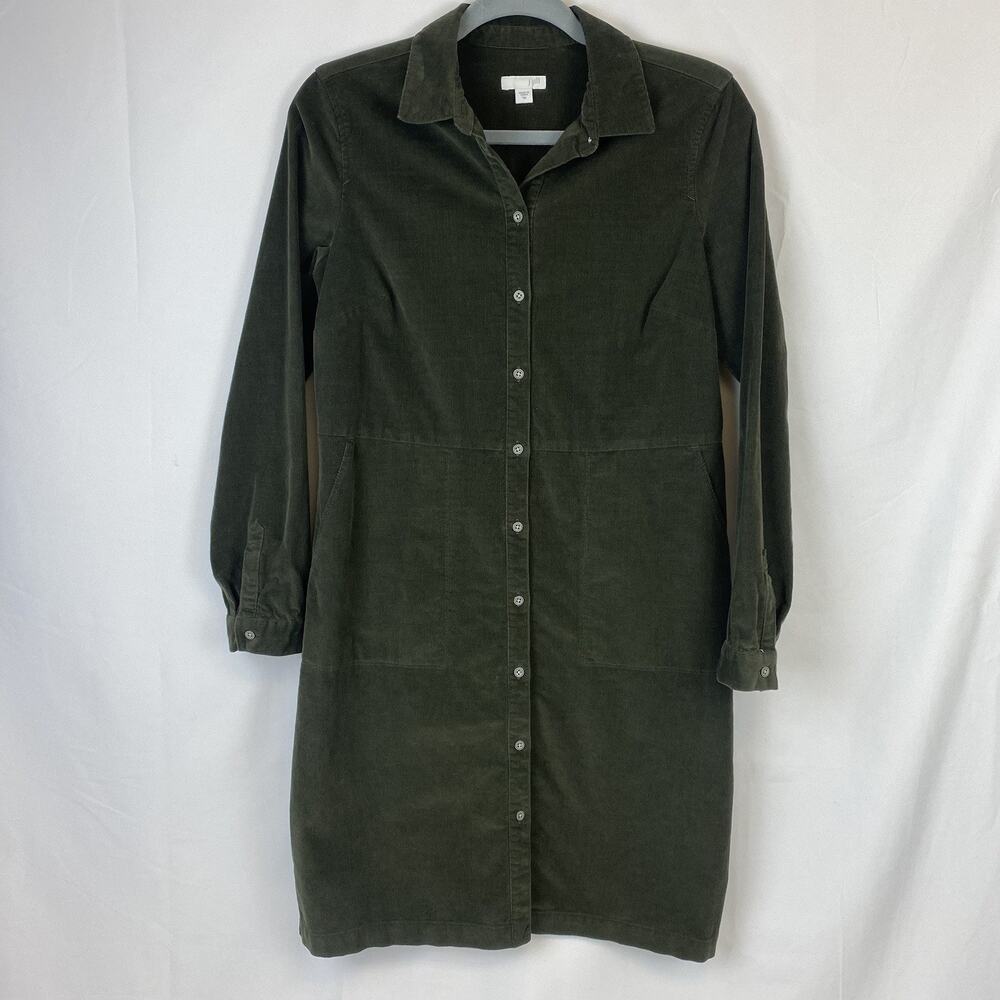 J. Jill Corduroy Dark Green Shirt Dress Button Front Long Sleeve Size XS